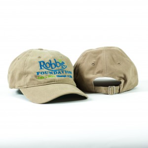 Khaki baseball cap with the Robbie Foundation logo